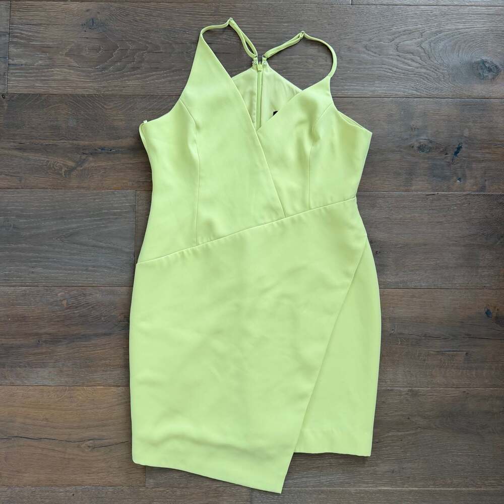 BCBGMAXAZRIA Asymmetrical V-Neck Lime Mini Cocktail Dress Sz 12